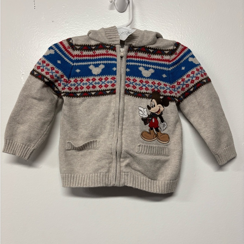 Disney Kids Wool Blend Zip Up Mickey Mouse Fair Isle Style Knit Sweater 12-18 M
